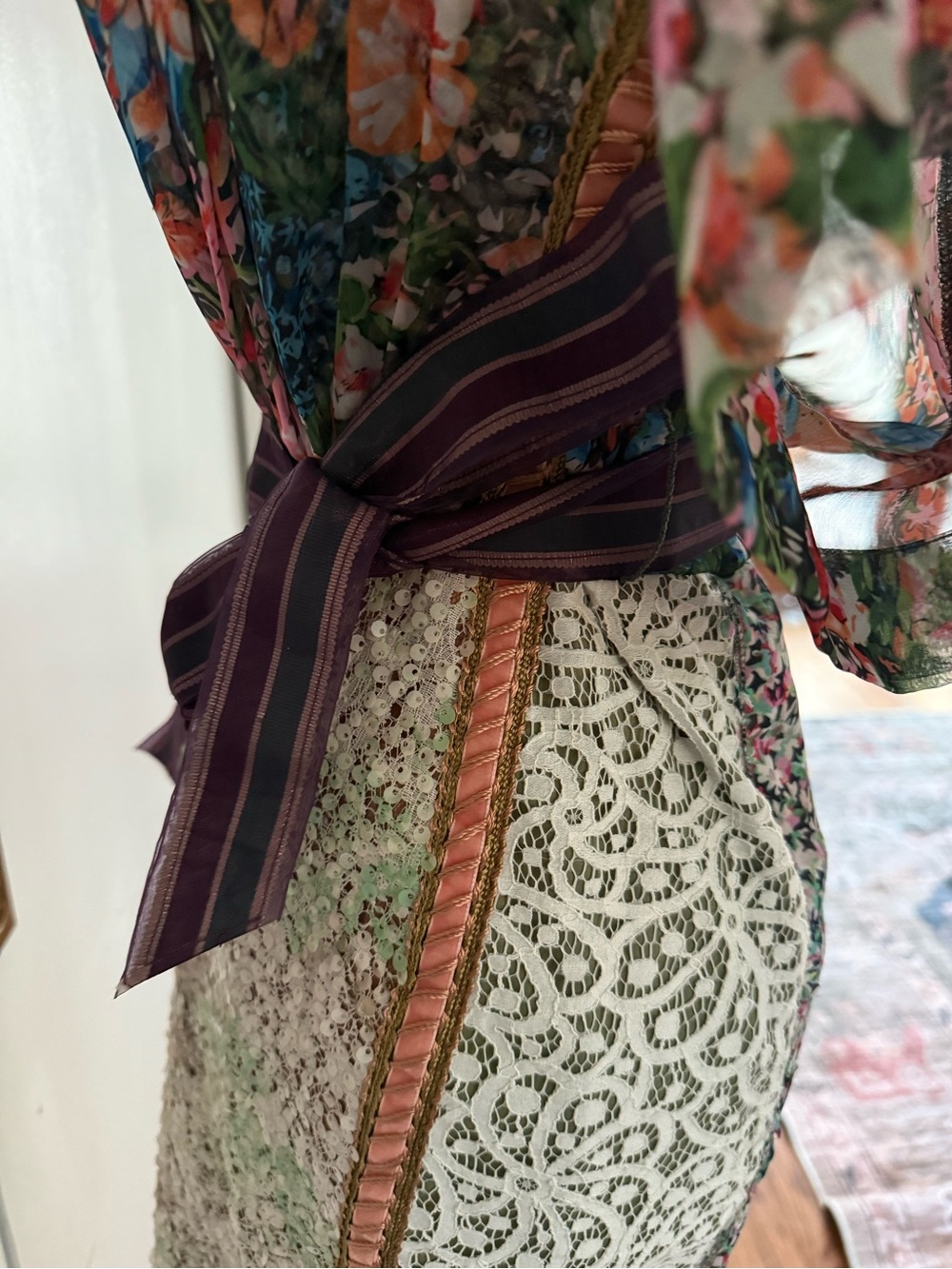 Byron Lars Floral Wrap Tie-Waist Midi Dress in Multi-Color & Multi-Texture Sz 0 - Picture 7 of 15